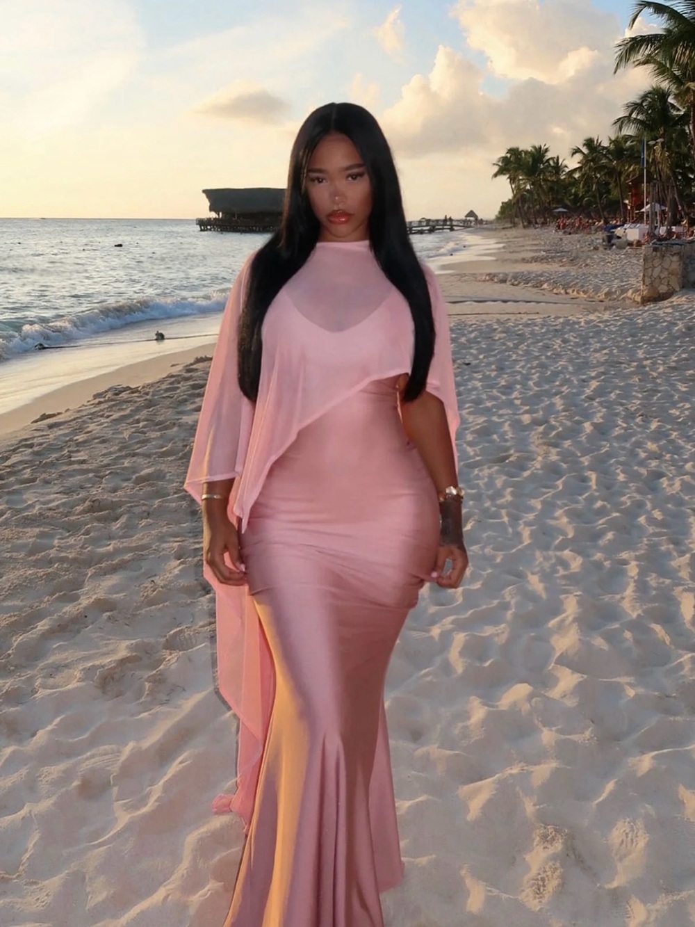 Fashion Nova Pink Satin Mermaid Evening Dress with Sheer Cape